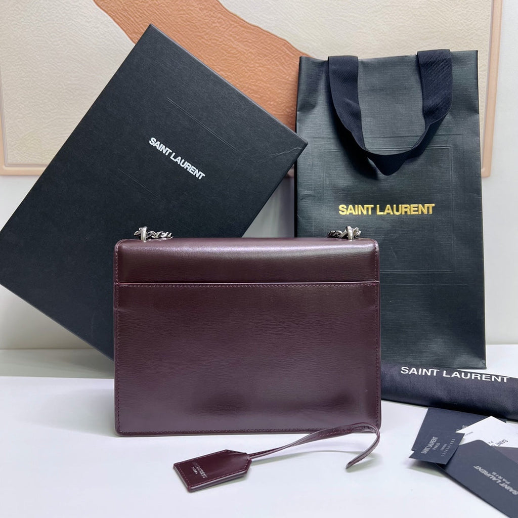 Saint Laurent Sunset Medium 22 in Maroon Calfskin Silver Hardware Bag