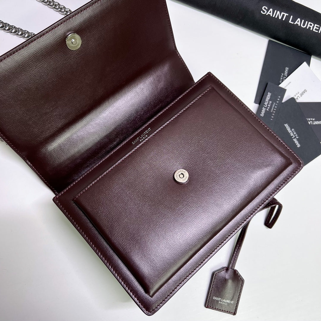 Saint Laurent Sunset Medium 22 in Maroon Calfskin Silver Hardware Bag