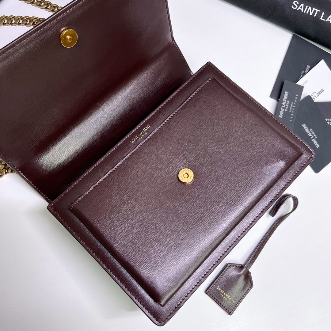 Saint Laurent Sunset Medium 22 in Maroon Calfskin Gold Hardware Bag