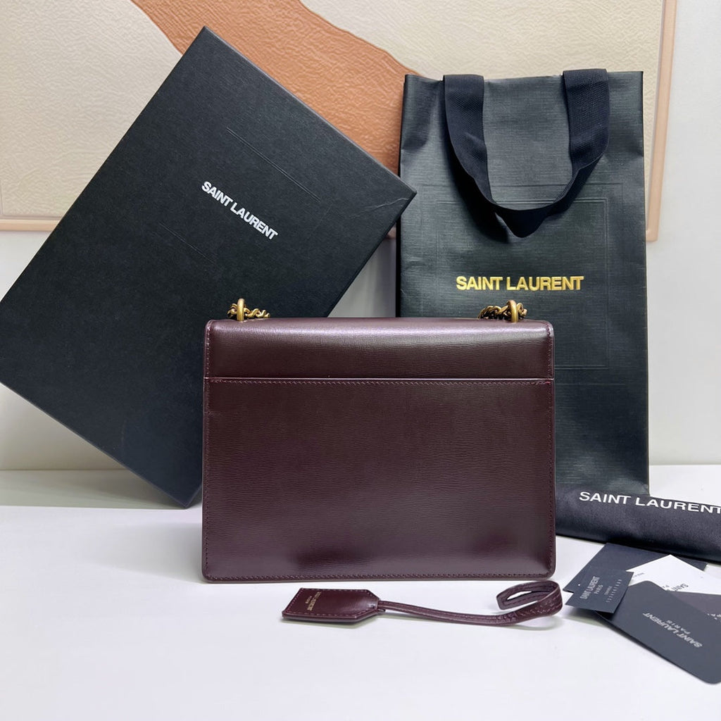 Saint Laurent Sunset Medium 22 in Maroon Calfskin Gold Hardware Bag