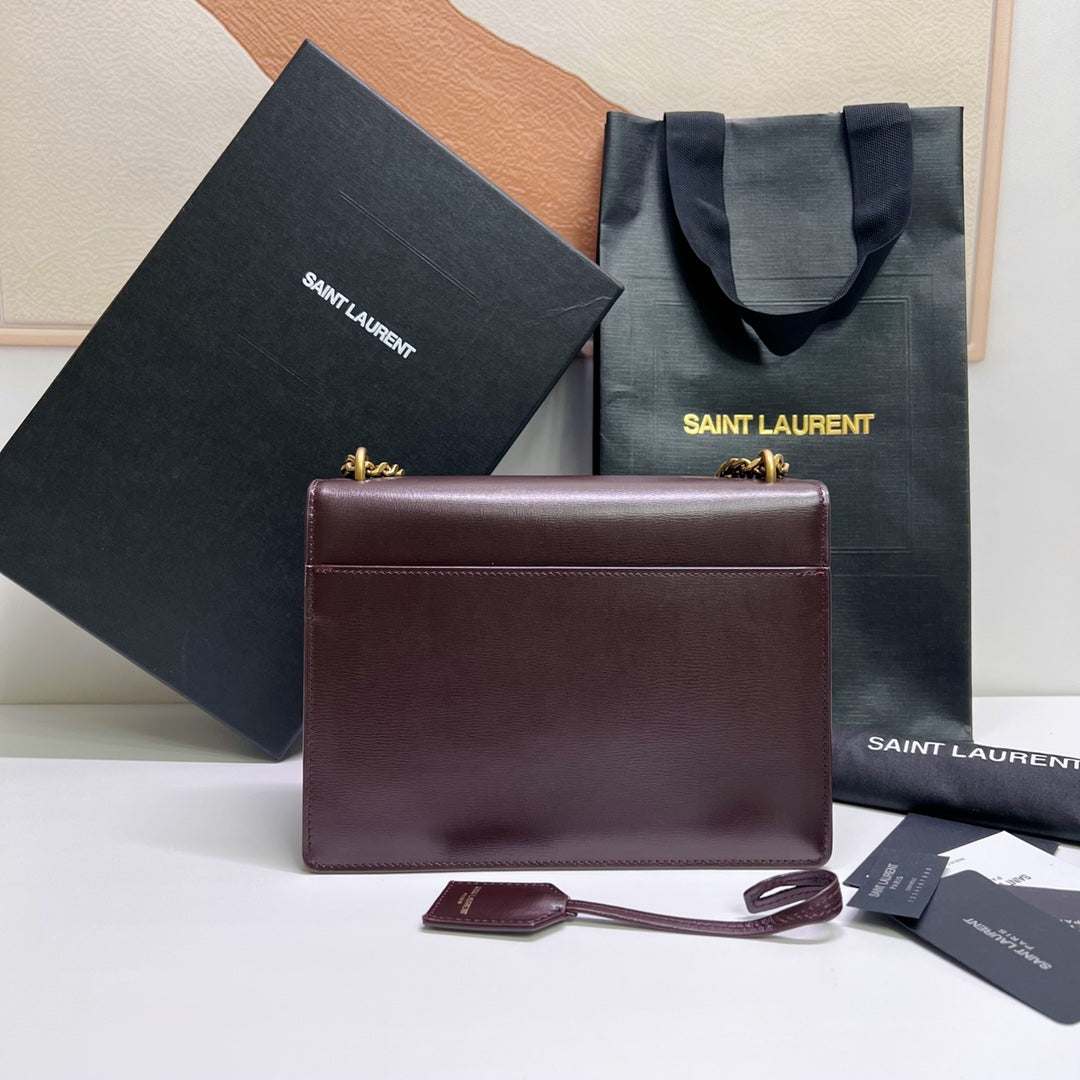 Saint Laurent Sunset Medium 22 in Maroon Calfskin Gold Hardware Bag