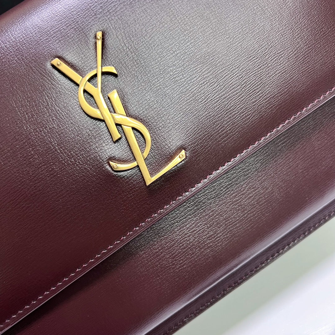 Saint Laurent Sunset Medium 22 in Maroon Calfskin Gold Hardware Bag