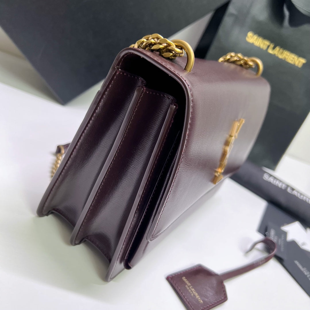 Saint Laurent Sunset Medium 22 in Maroon Calfskin Gold Hardware Bag