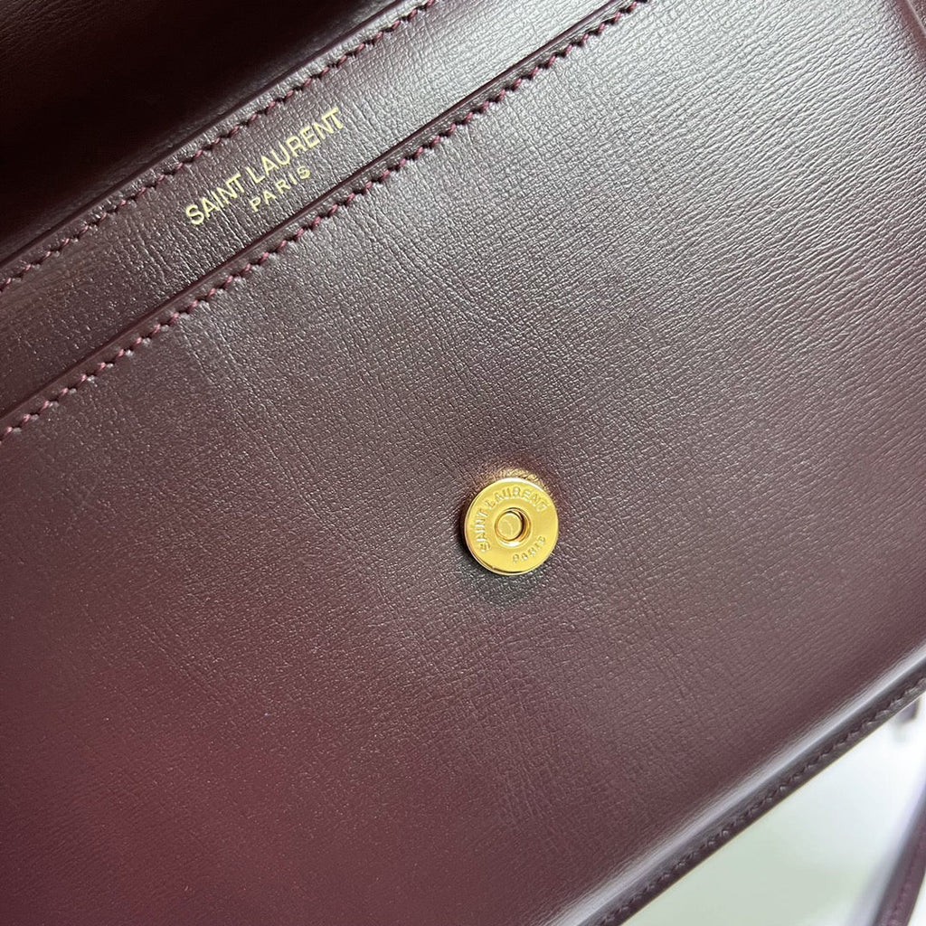 Saint Laurent Sunset Medium 22 in Maroon Calfskin Gold Hardware Bag