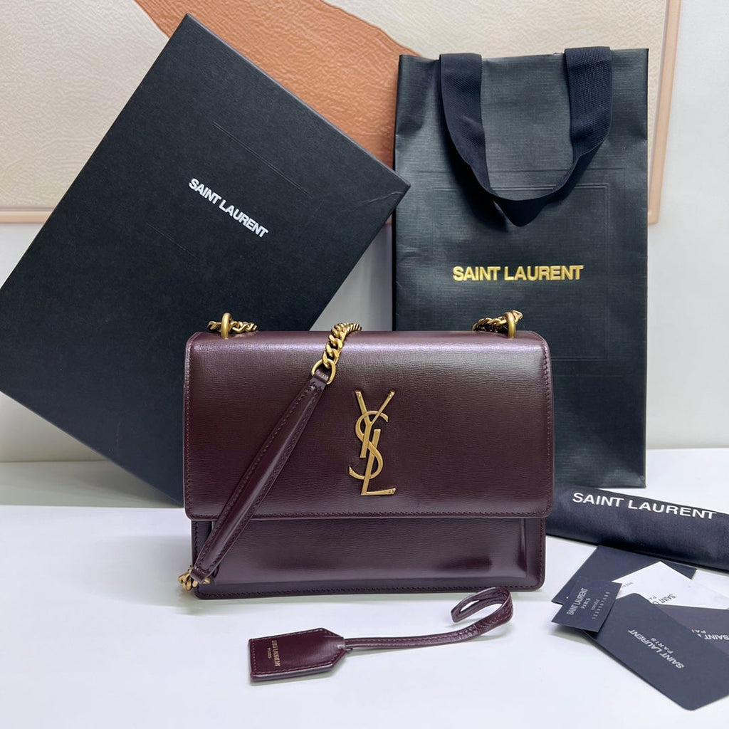 Saint Laurent Sunset Medium 22 in Maroon Calfskin Gold Hardware Bag