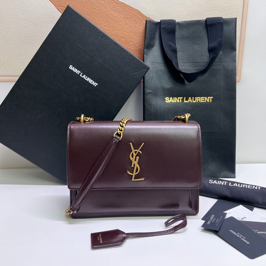 Saint Laurent Sunset Medium 22 in Maroon Calfskin Gold Hardware Bag