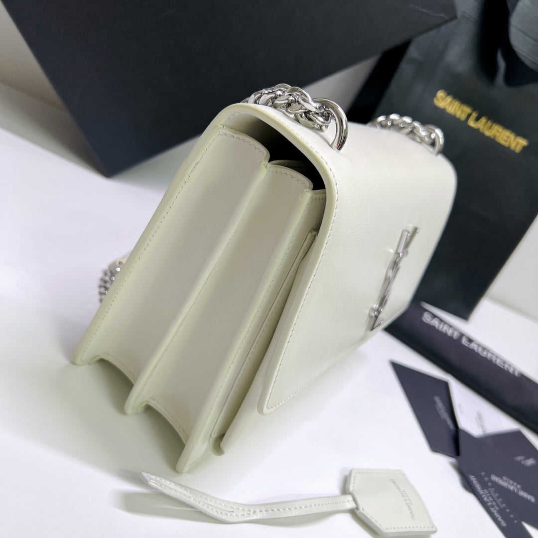 Saint Laurent Sunset Medium 22 in White Calfskin Silver Hardware Bag