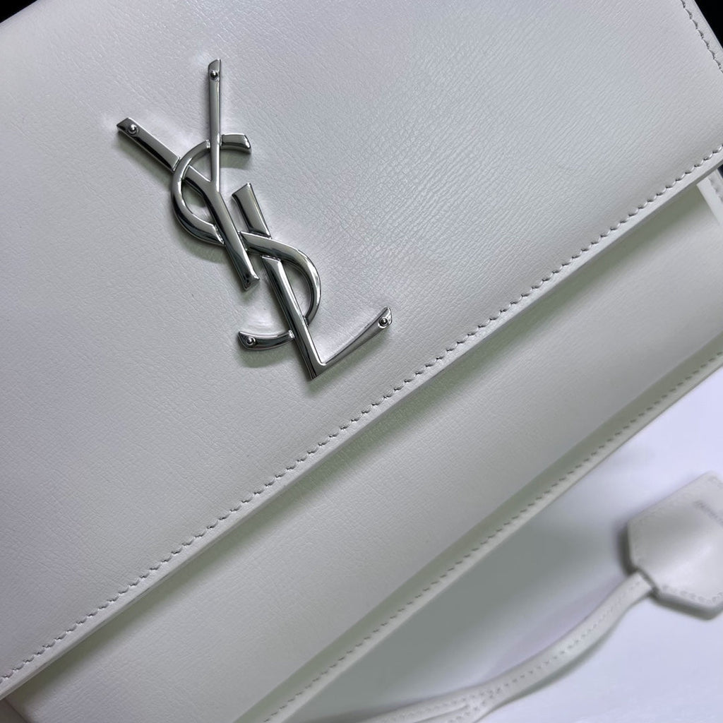 Saint Laurent Sunset Medium 22 in White Calfskin Silver Hardware Bag