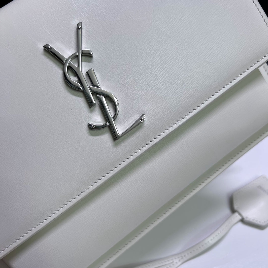 Saint Laurent Sunset Medium 22 in White Calfskin Silver Hardware Bag