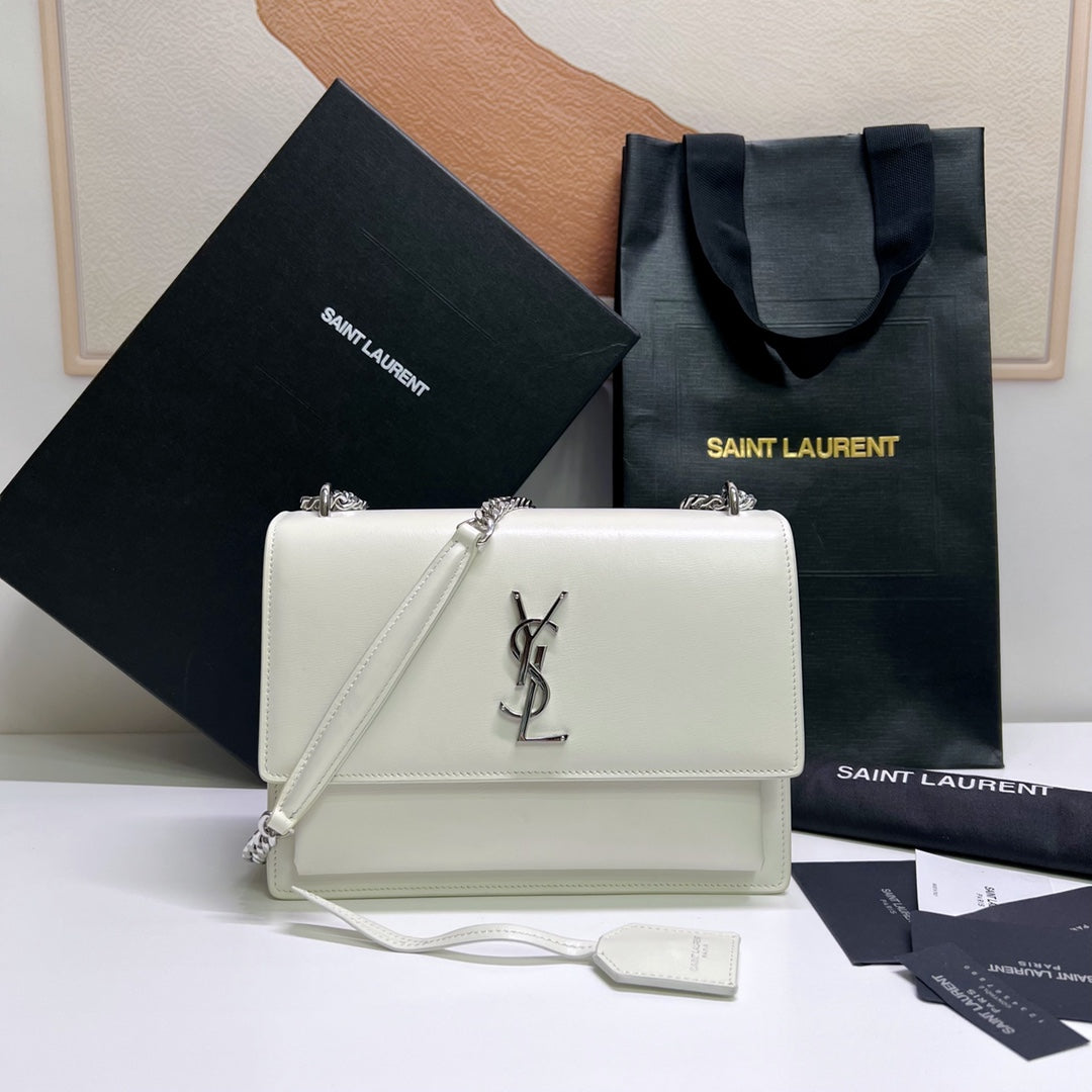 Saint Laurent Sunset Medium 22 in White Calfskin Silver Hardware Bag