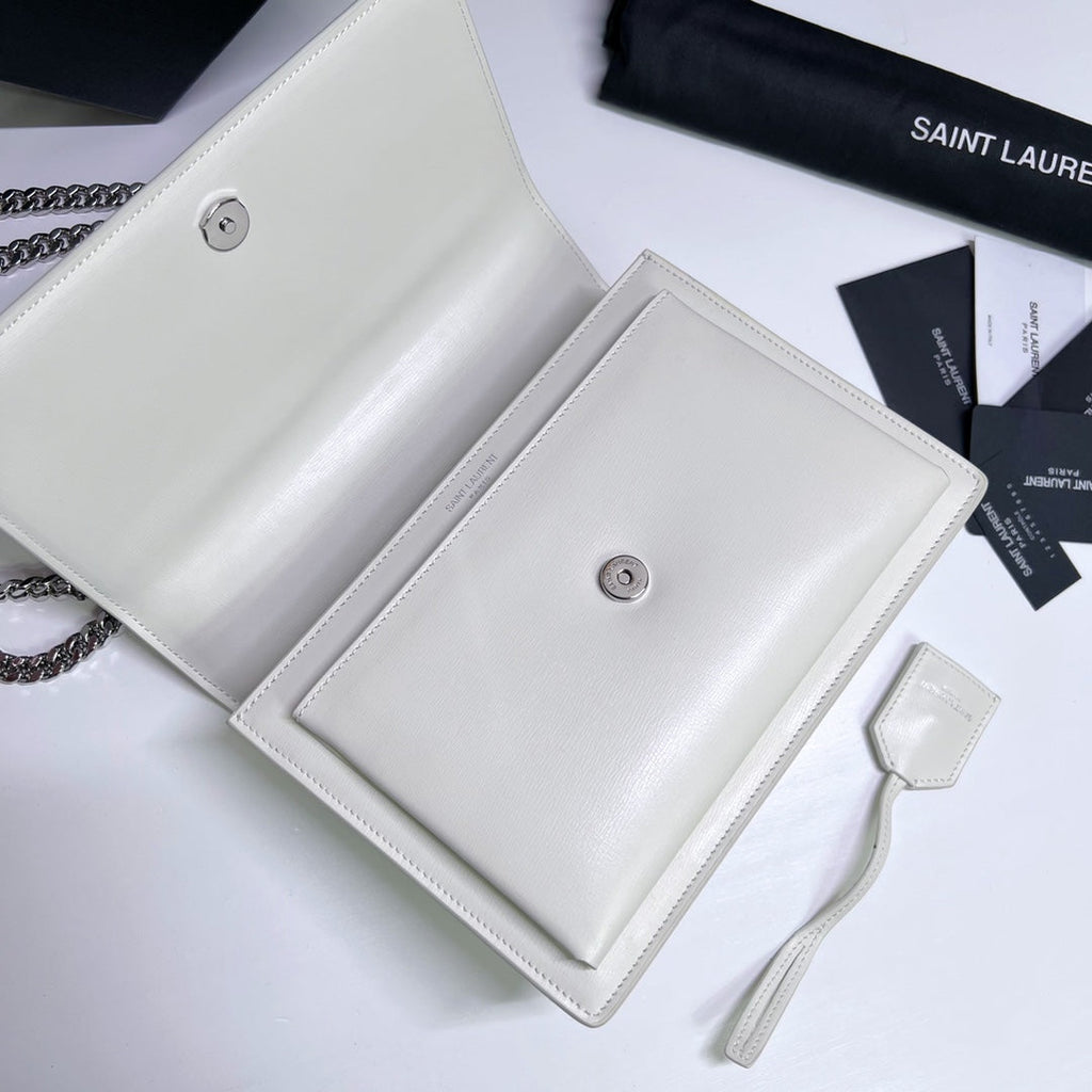 Saint Laurent Sunset Medium 22 in White Calfskin Silver Hardware Bag