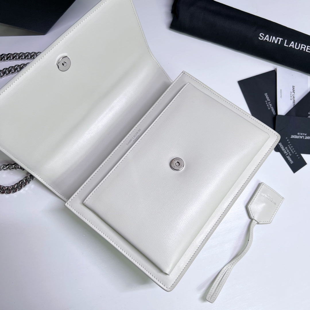 Saint Laurent Sunset Medium 22 in White Calfskin Silver Hardware Bag