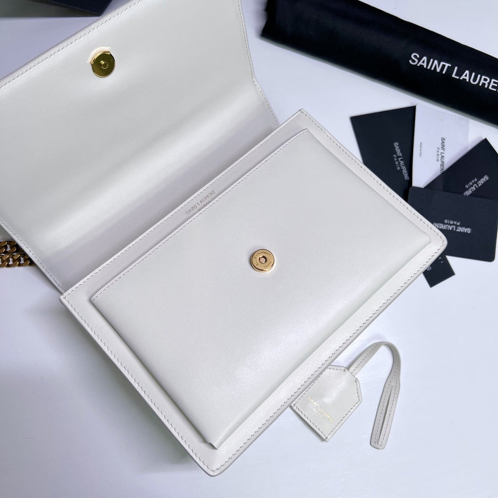 Saint Laurent Sunset Medium 22 in White Calfskin Gold Hardware Bag