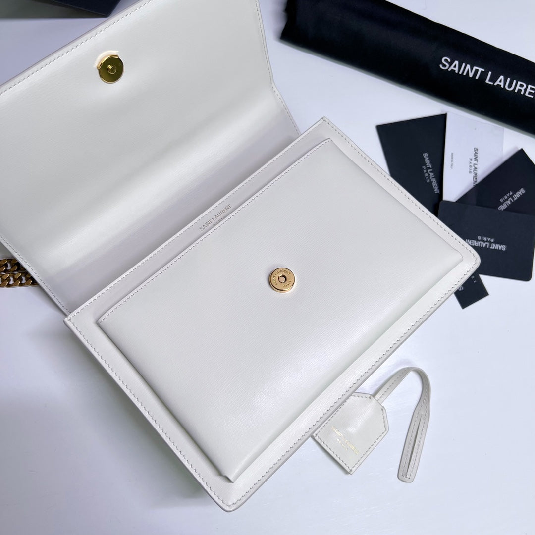 Saint Laurent Sunset Medium 22 in White Calfskin Gold Hardware Bag