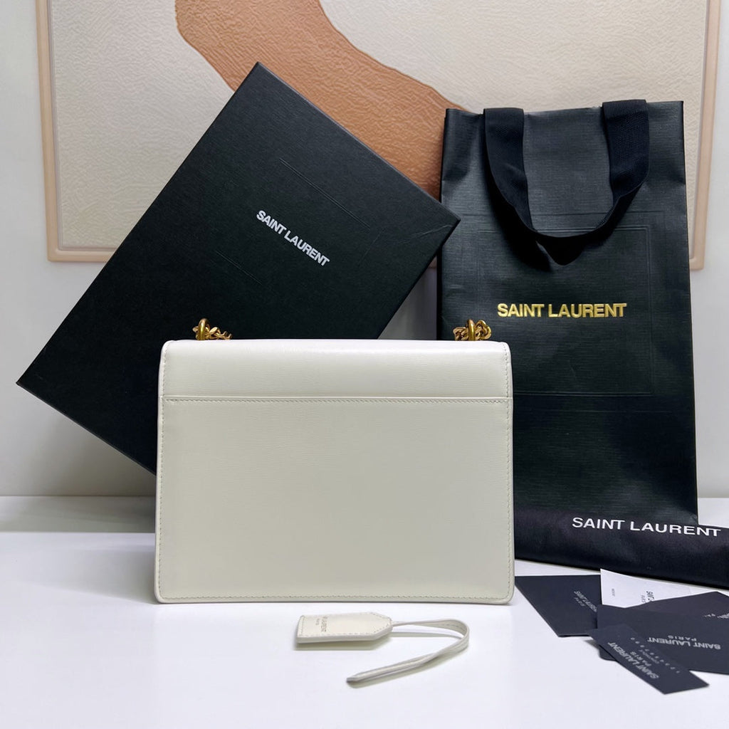 Saint Laurent Sunset Medium 22 in White Calfskin Gold Hardware Bag