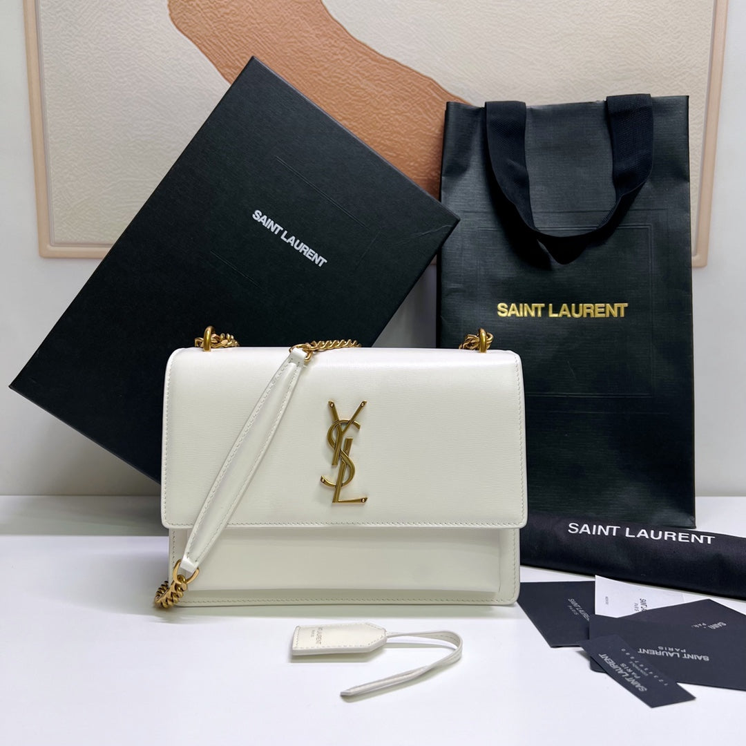 Saint Laurent Sunset Medium 22 in White Calfskin Gold Hardware Bag