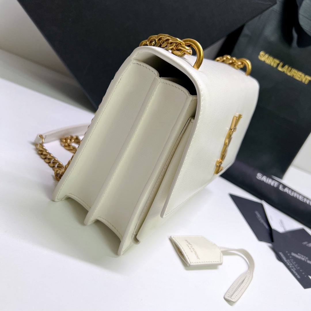 Saint Laurent Sunset Medium 22 in White Calfskin Gold Hardware Bag