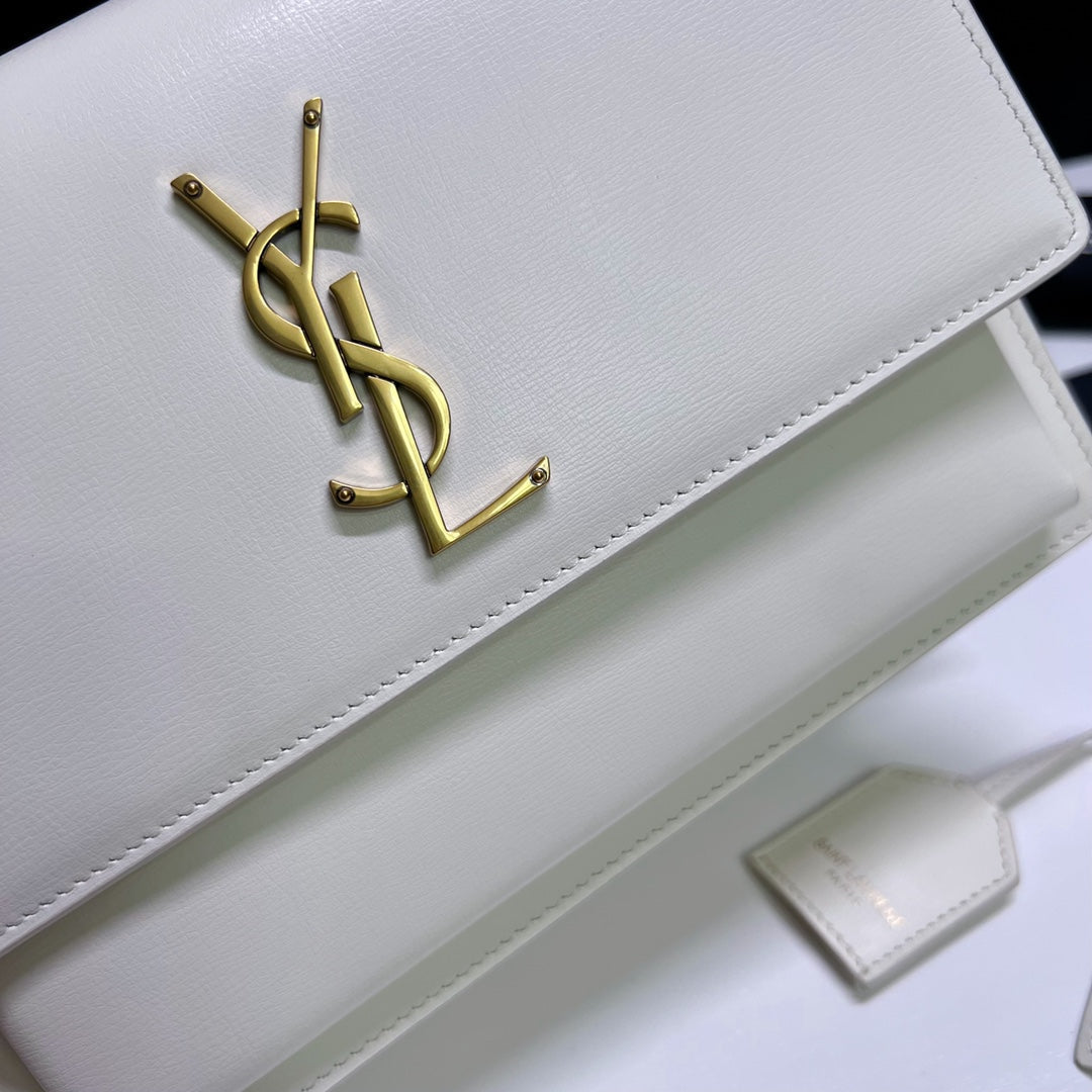 Saint Laurent Sunset Medium 22 in White Calfskin Gold Hardware Bag