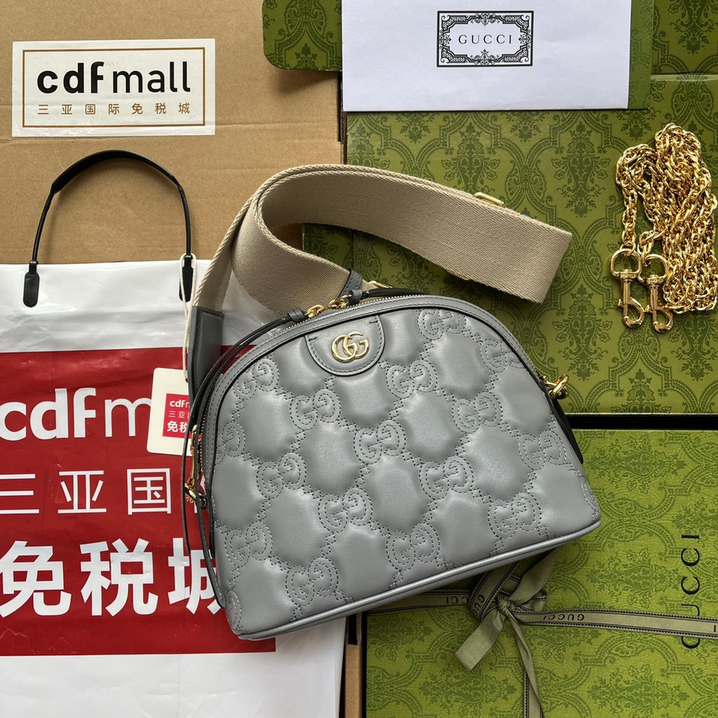 Gucci Matelassé Leather Shoulder Bag 23 in Gray Embossed Calfskin Gold Hardware