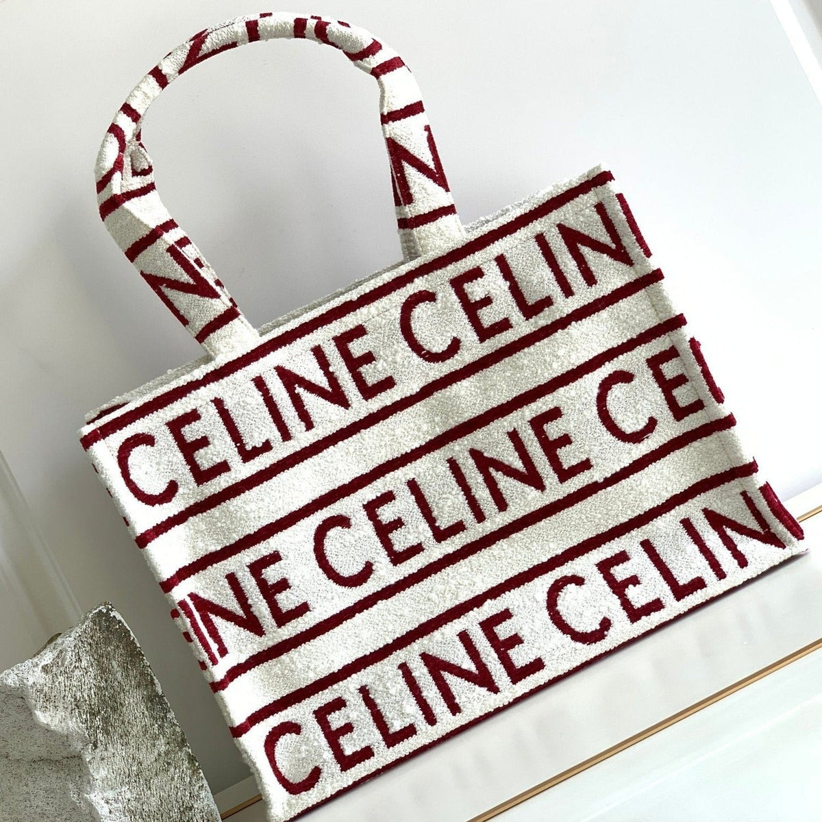 Celine Letter Tote Bag 41 Fabric White Red