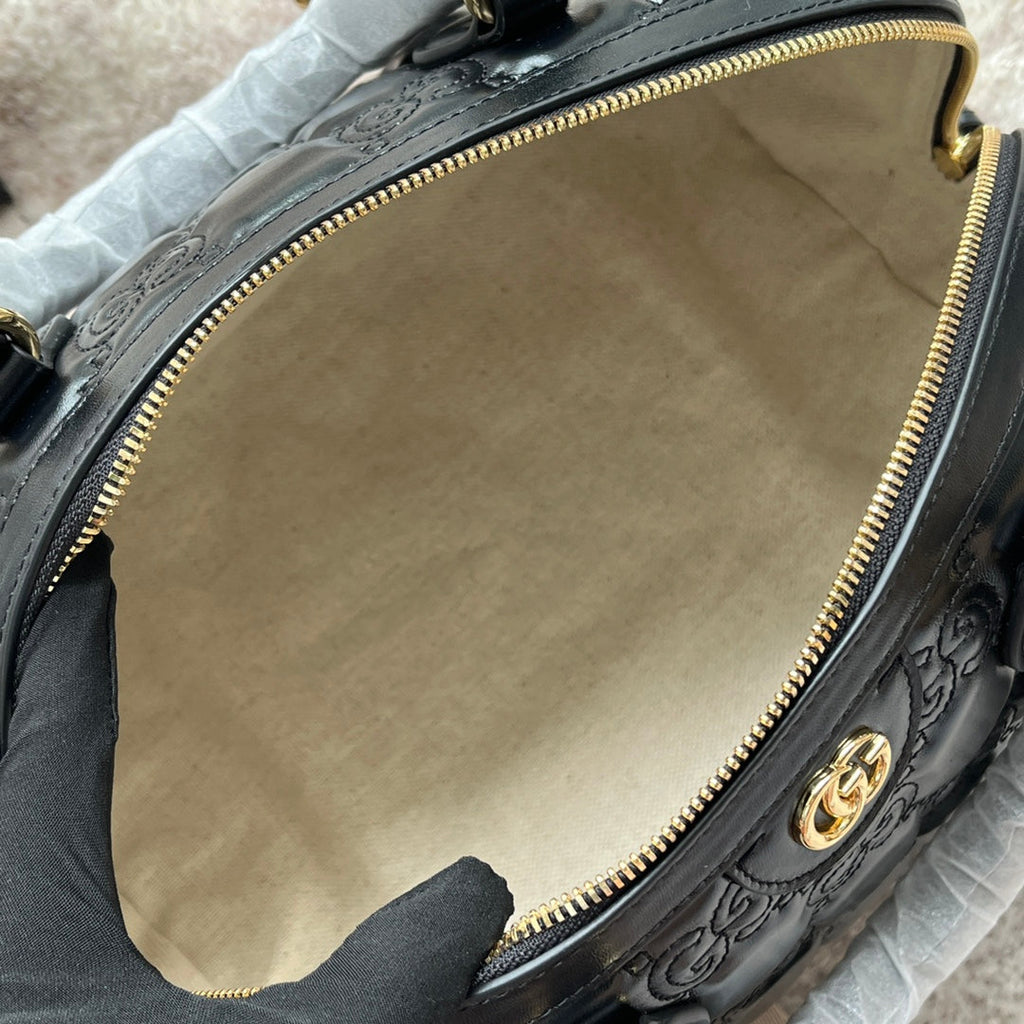 Gucci Matelassé Top Handle Bag 31 in Black Embossed Calfskin Gold Hardware