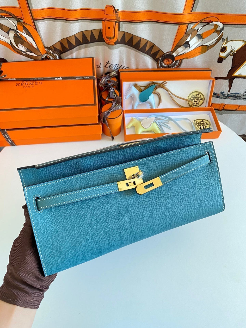 Hermes Kelly Cut 31 in Azure Blue Calfskin with Gold Hardware Bag