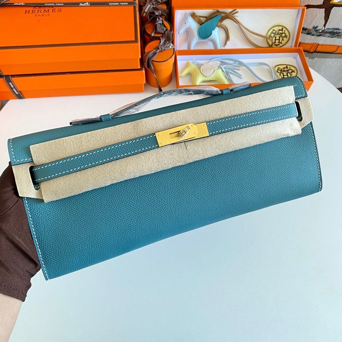 Hermes Kelly Cut 31 in Azure Blue Calfskin with Gold Hardware Bag