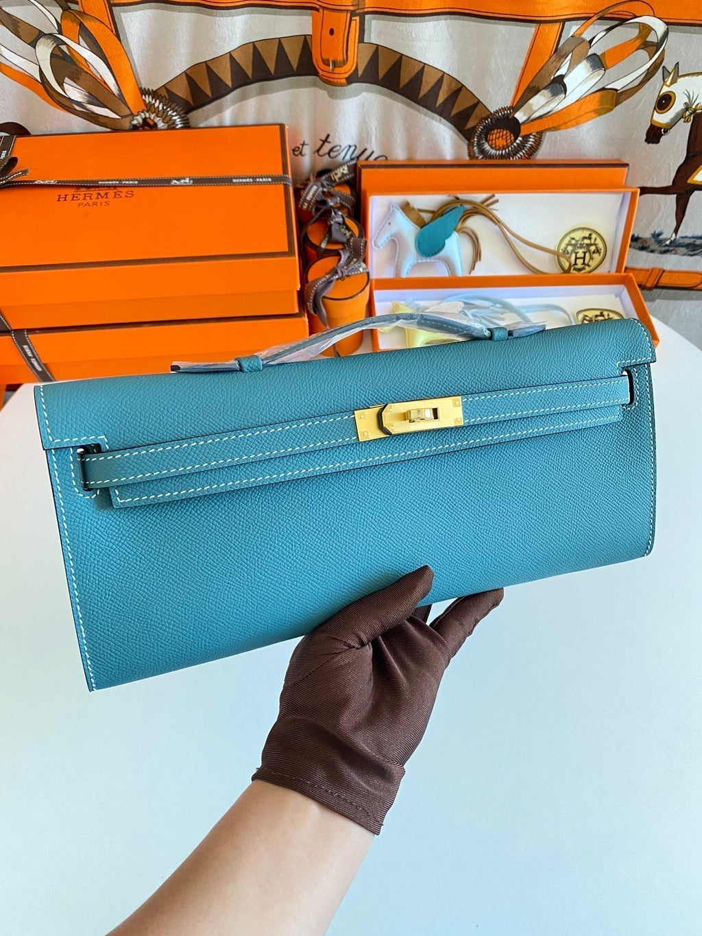 Hermes Kelly Cut 31 in Azure Blue Calfskin with Gold Hardware Bag