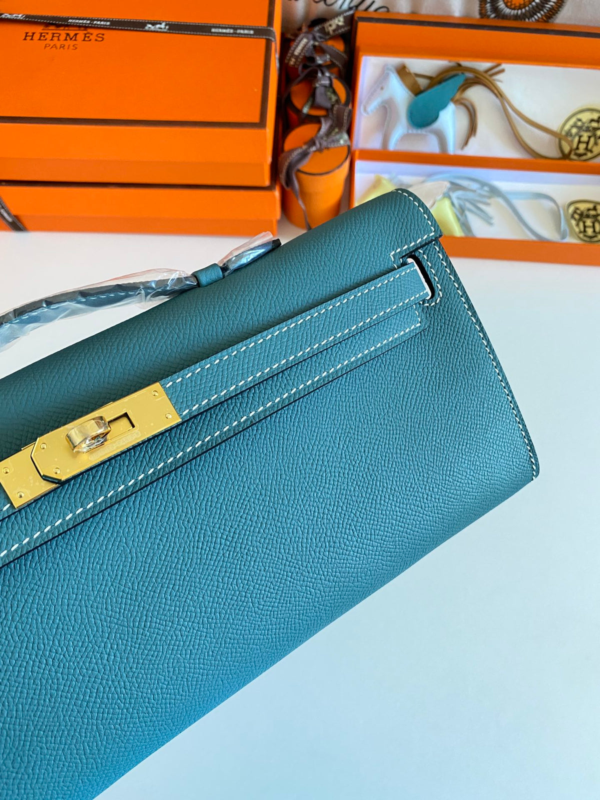 Hermes Kelly Cut 31 in Azure Blue Calfskin with Gold Hardware Bag