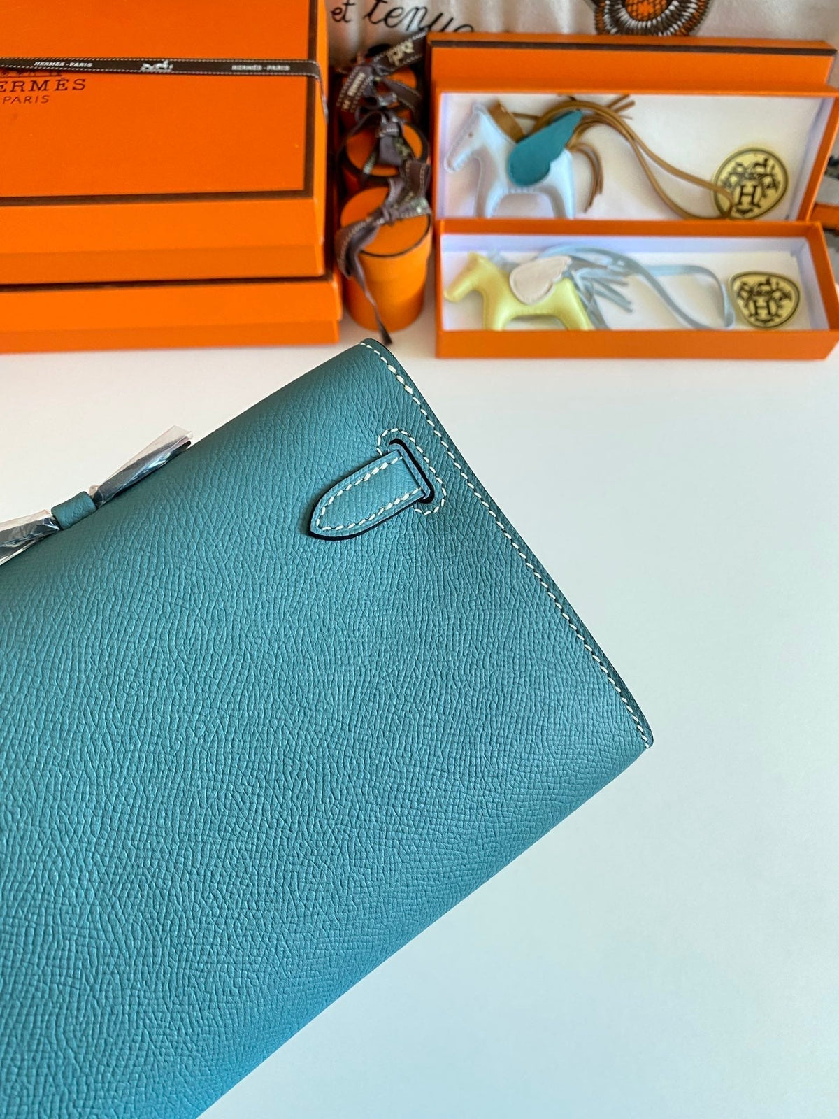 Hermes Kelly Cut 31 in Azure Blue Calfskin with Gold Hardware Bag