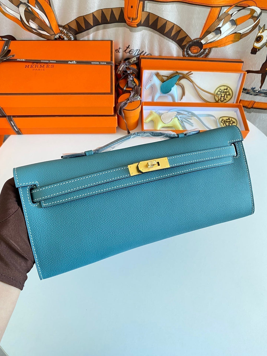 Hermes Kelly Cut 31 in Azure Blue Calfskin with Gold Hardware Bag