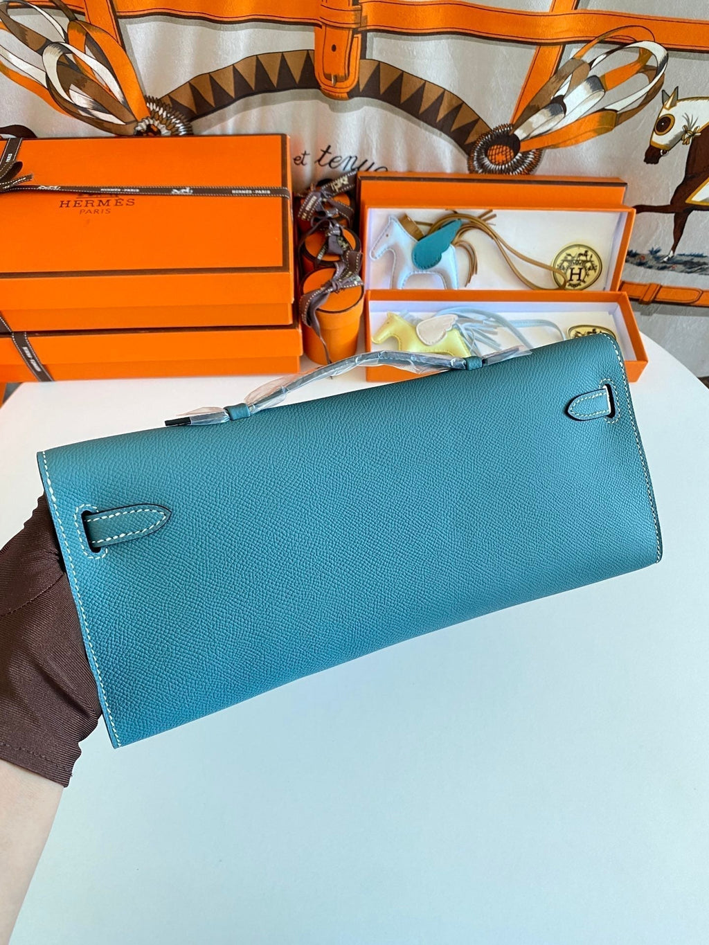 Hermes Kelly Cut 31 in Azure Blue Calfskin with Gold Hardware Bag