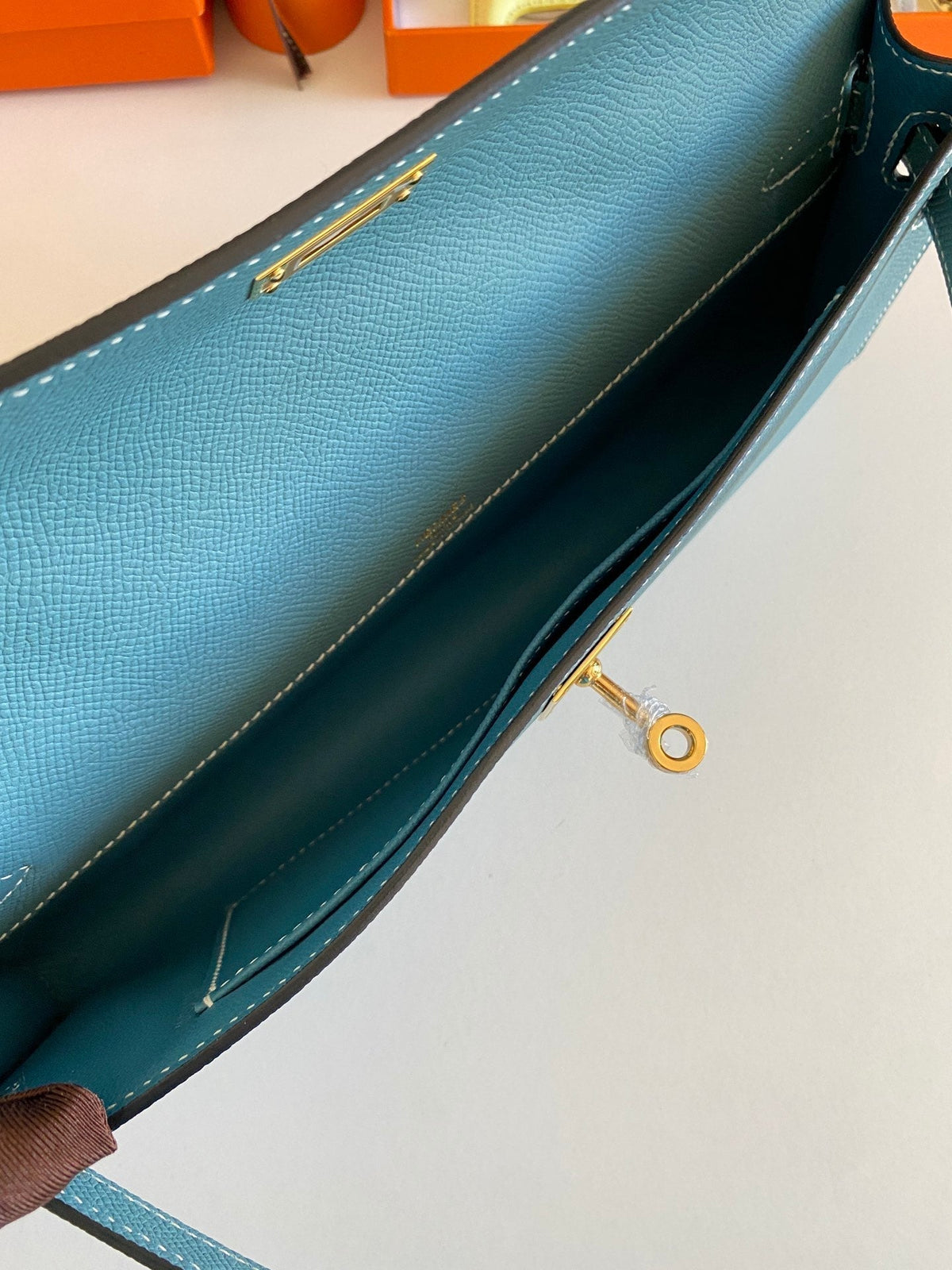 Hermes Kelly Cut 31 in Azure Blue Calfskin with Gold Hardware Bag