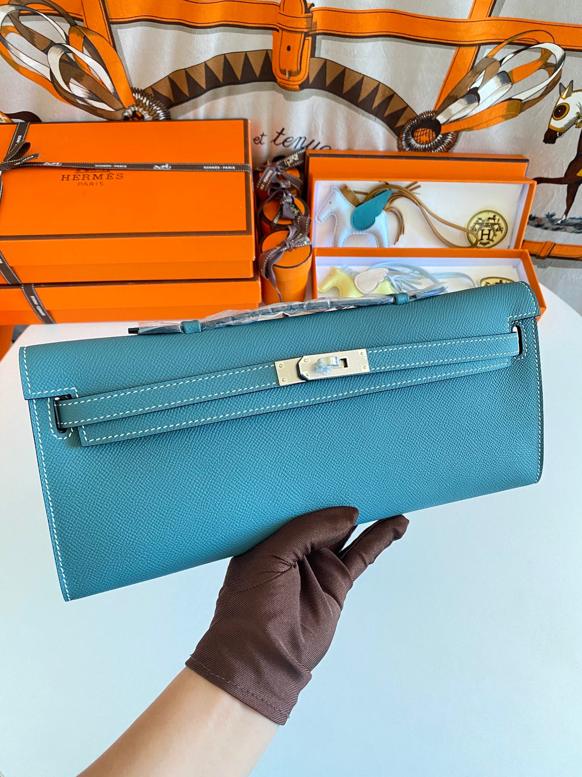 Hermes Kelly Cut 31 in Azure Blue Calfskin with Silver Hardware Bag
