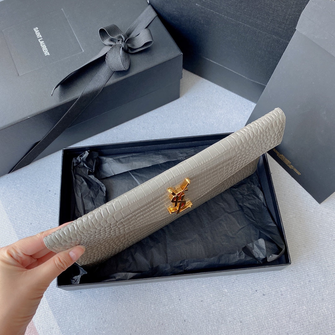 Saint Laurent Uptown Pouch 27 in Pastel Gray Crocodile-Embossed Shiny Calfskin Gold Logo