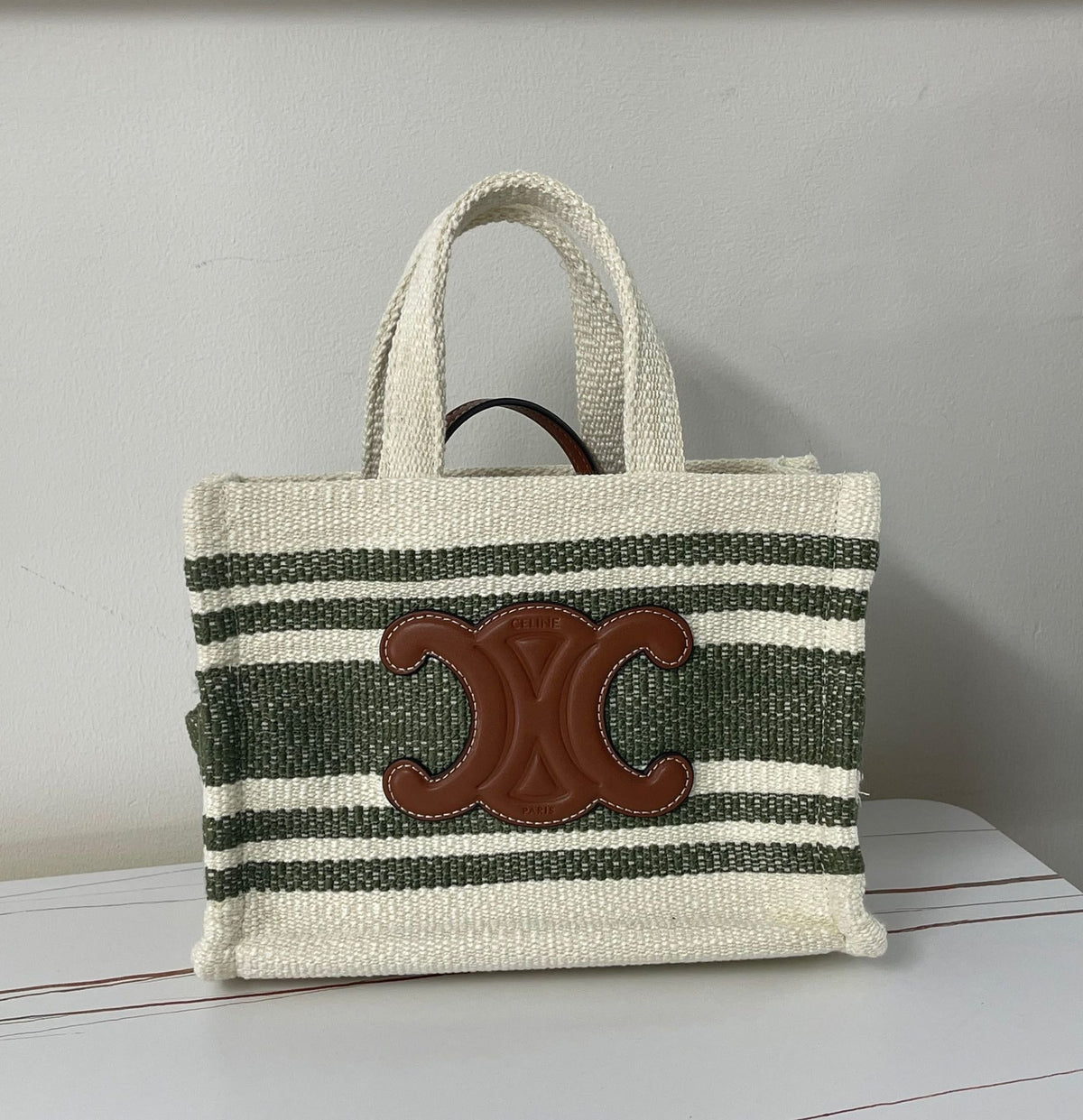 Celine Triomphe 29 Fabric White Black with Brown Logo Bag
