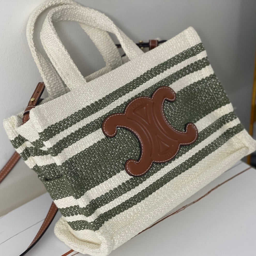 Celine Triomphe 29 Fabric White Black with Brown Logo Bag