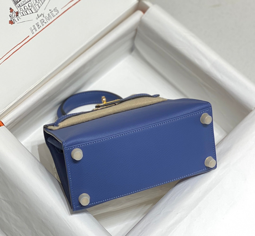Hermes Kelly Mini 20 Bag in Azure Blue Calfskin with Gold Hardware