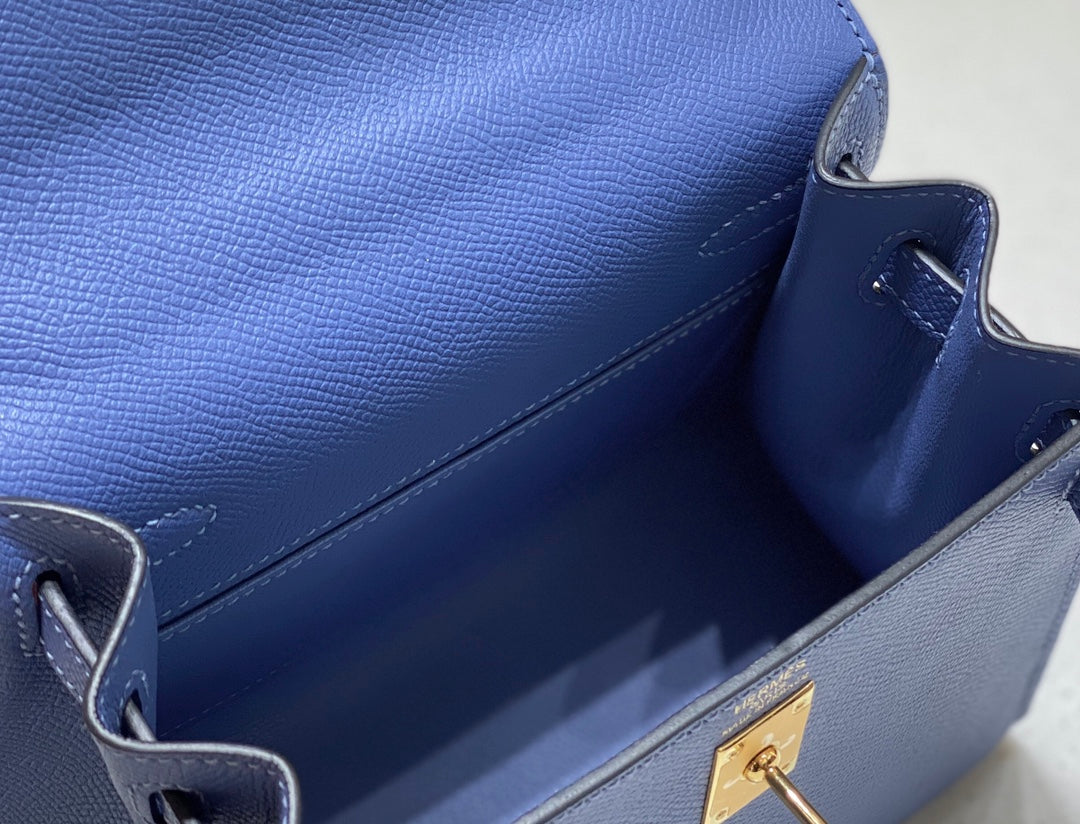 Hermes Kelly Mini 20 Bag in Azure Blue Calfskin with Gold Hardware