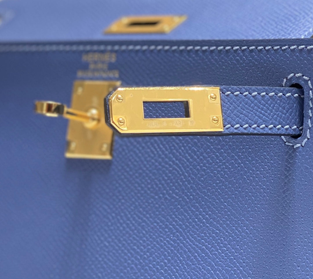 Hermes Kelly Mini 20 Bag in Azure Blue Calfskin with Gold Hardware