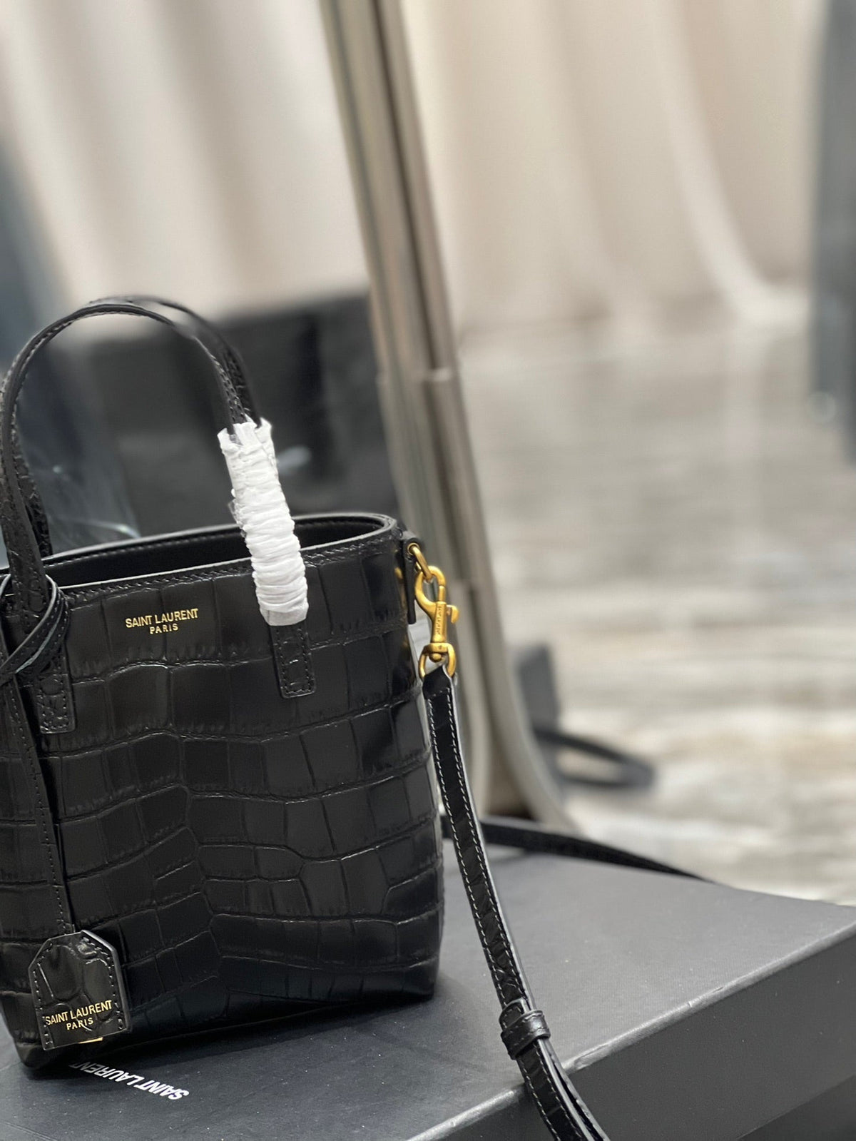 Saint Laurent Mini Toy Shopping 18 in Crocodile-Embossed Black Calfskin Bag