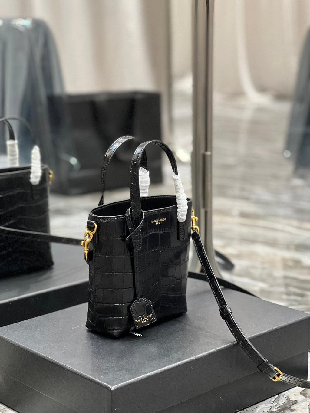 Saint Laurent Mini Toy Shopping 18 in Crocodile-Embossed Black Calfskin Bag