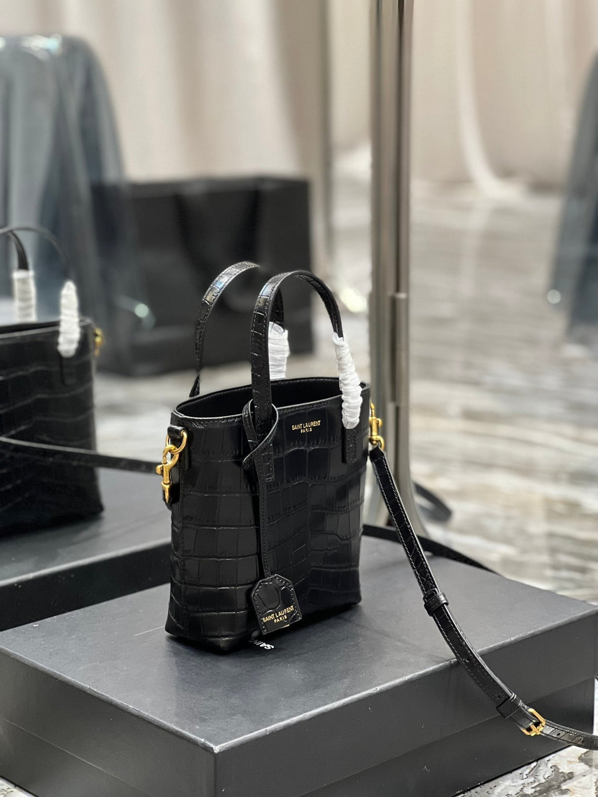 Saint Laurent Mini Toy Shopping 18 in Crocodile-Embossed Black Calfskin Bag