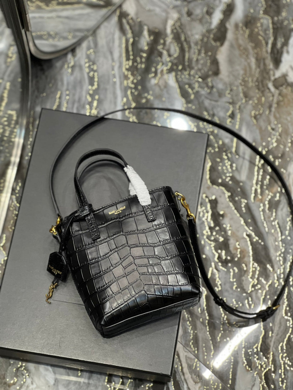 Saint Laurent Mini Toy Shopping 18 in Crocodile-Embossed Black Calfskin Bag