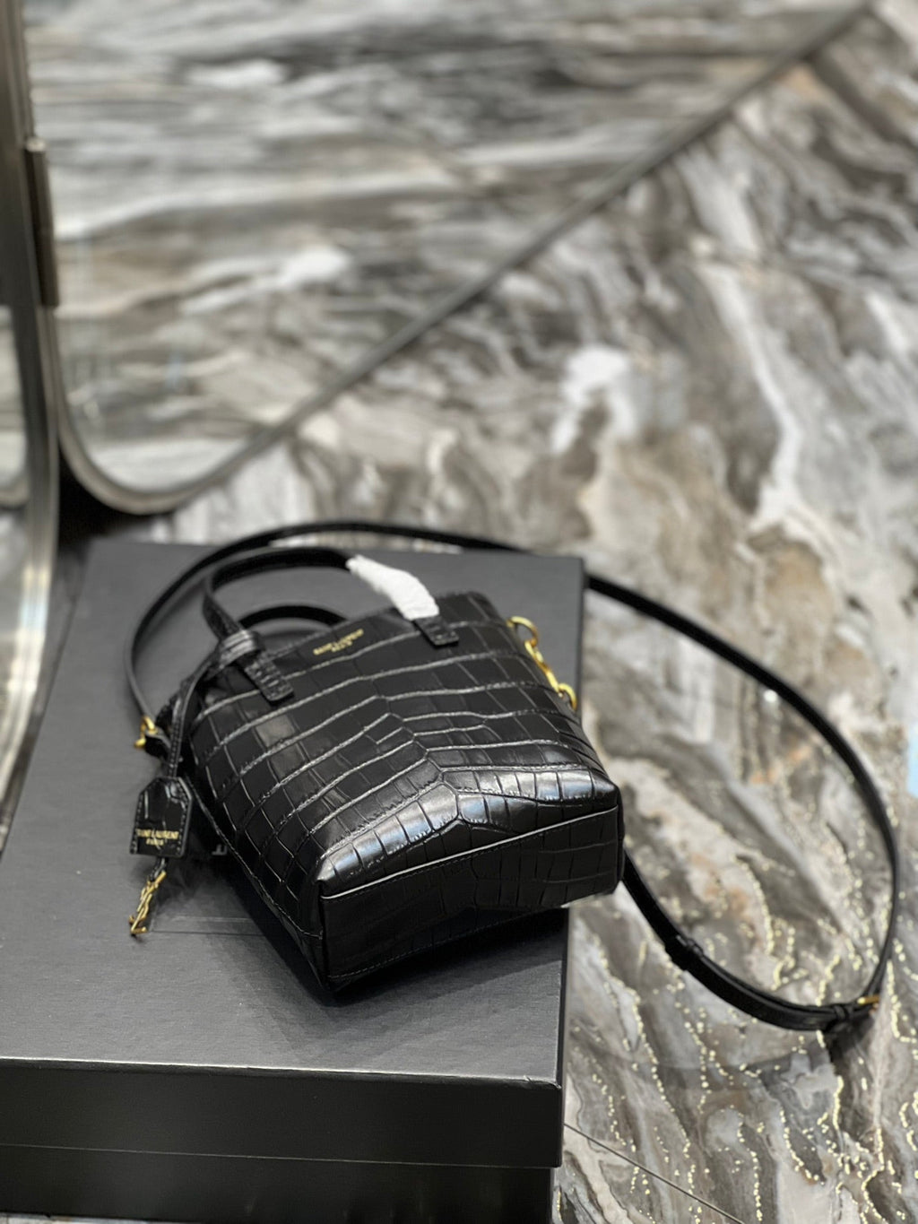 Saint Laurent Mini Toy Shopping 18 in Crocodile-Embossed Black Calfskin Bag