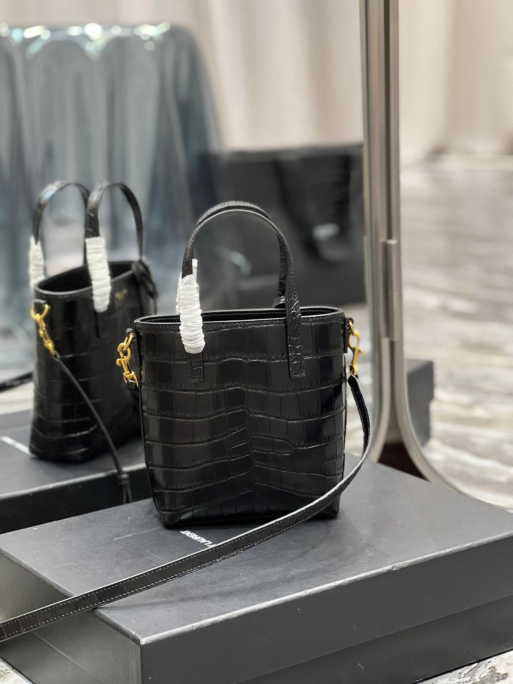 Saint Laurent Mini Toy Shopping 18 in Crocodile-Embossed Black Calfskin Bag