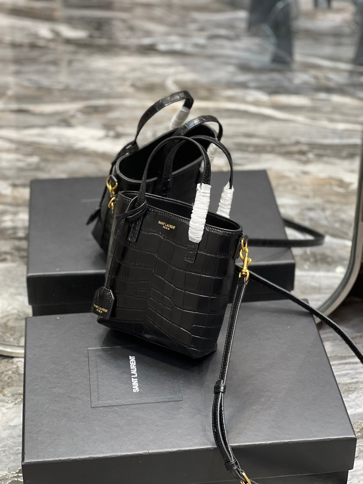 Saint Laurent Mini Toy Shopping 18 in Crocodile-Embossed Black Calfskin Bag