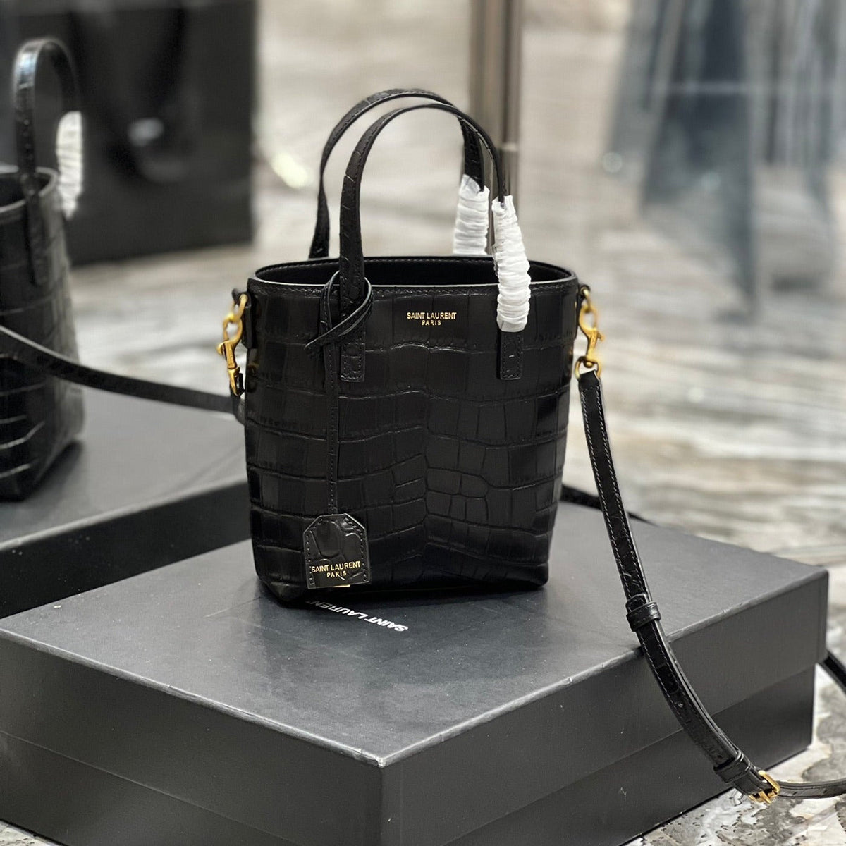 Saint Laurent Mini Toy Shopping 18 in Crocodile-Embossed Black Calfskin Bag