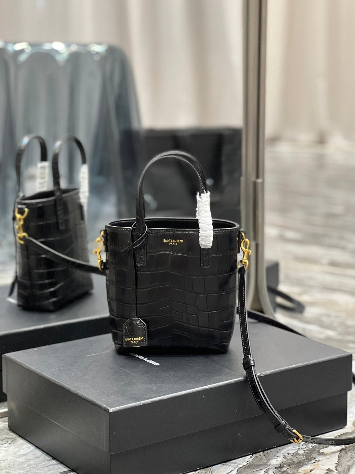 Saint Laurent Mini Toy Shopping 18 in Crocodile-Embossed Black Calfskin Bag