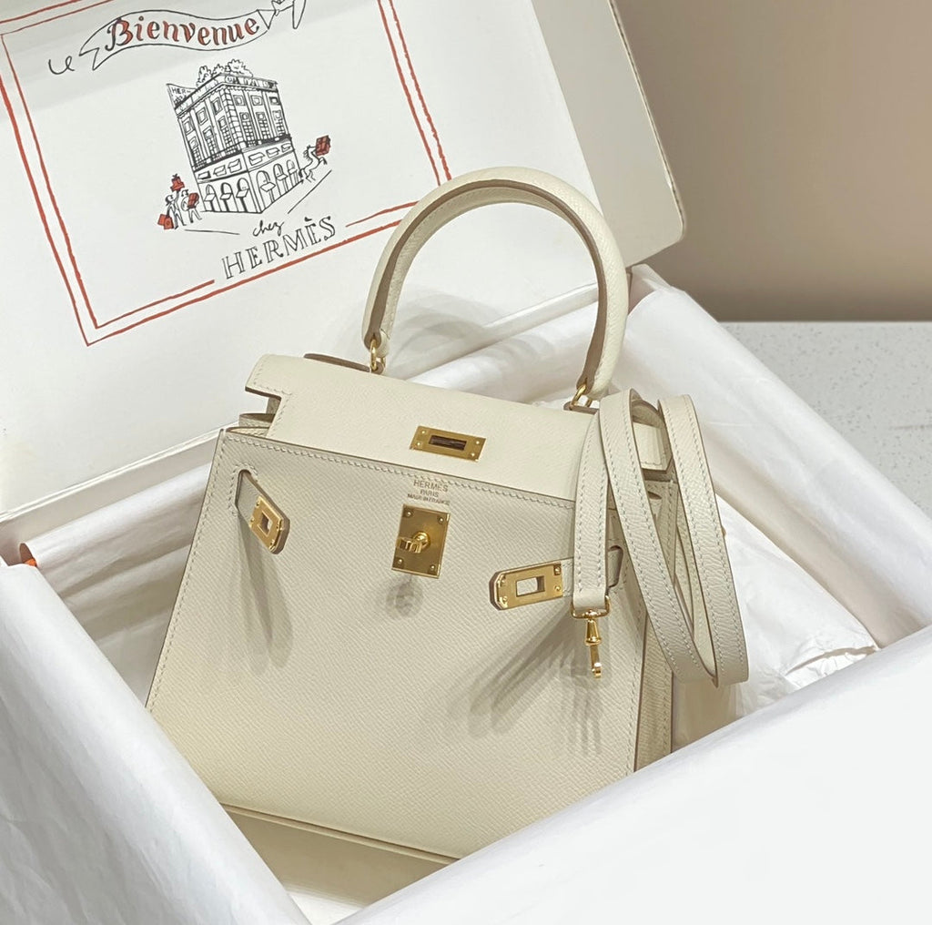 Hermes Kelly Mini 20 Bag in White Calfskin with Gold Hardware